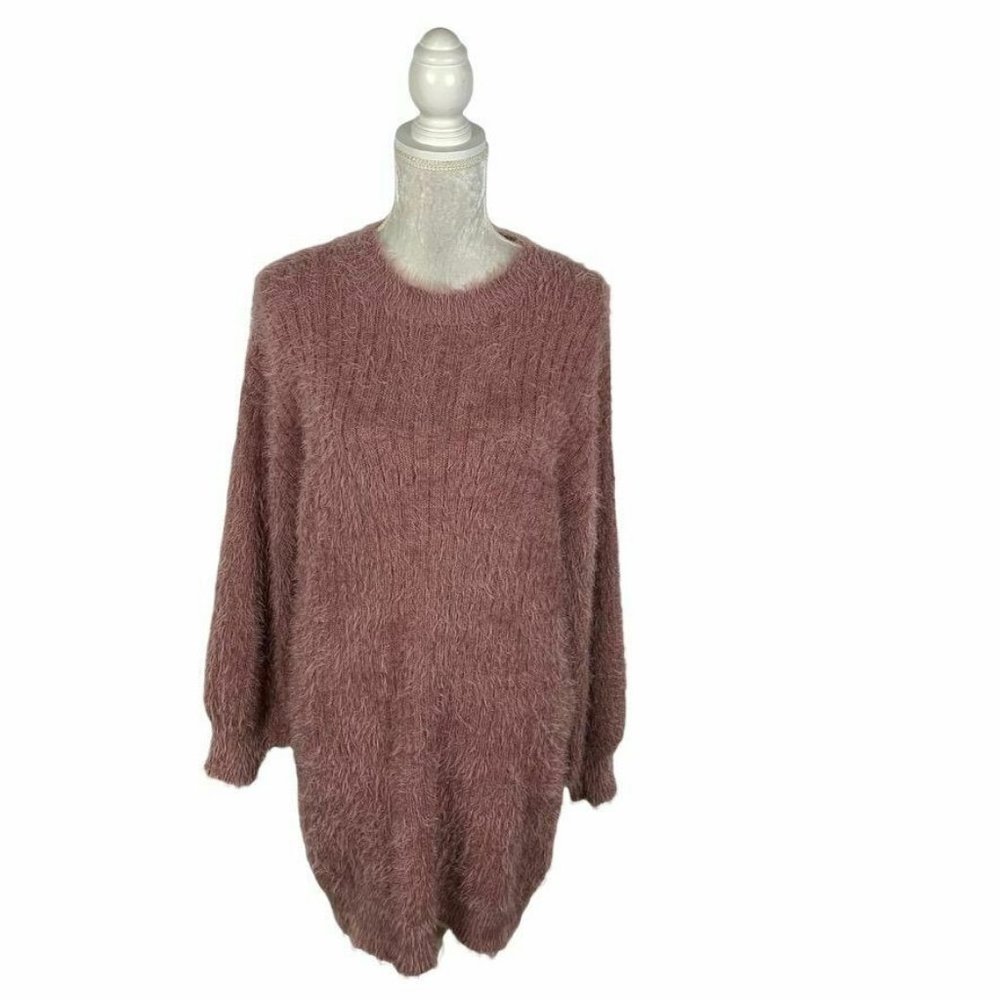 Forever 21‎ Fuzzy Mauve Sweater Tunic Drop Shoulder Balloon Sleeve Oversized S